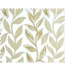 Big green beige leaves on stem with embossed look on half white cream shiny fabric main curtain